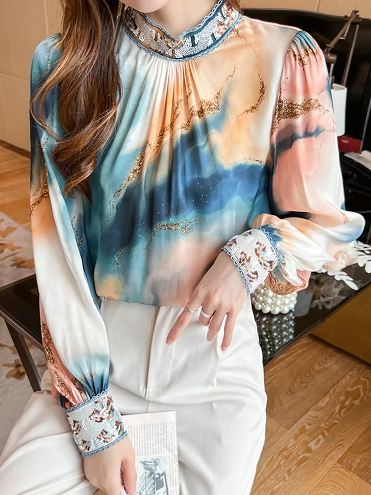 Fashion Vintage Stand Collar Beaded Shirt Tops Women Spring Simple Lantern Sleeves Blouse Female Shirt Casual Loose Blouses
Fashion Vintage Stand Collar Beaded Shirt Tops Women Spring Simple Lantern Sleeves Blouse Female Shirt Casual Loose Blouses