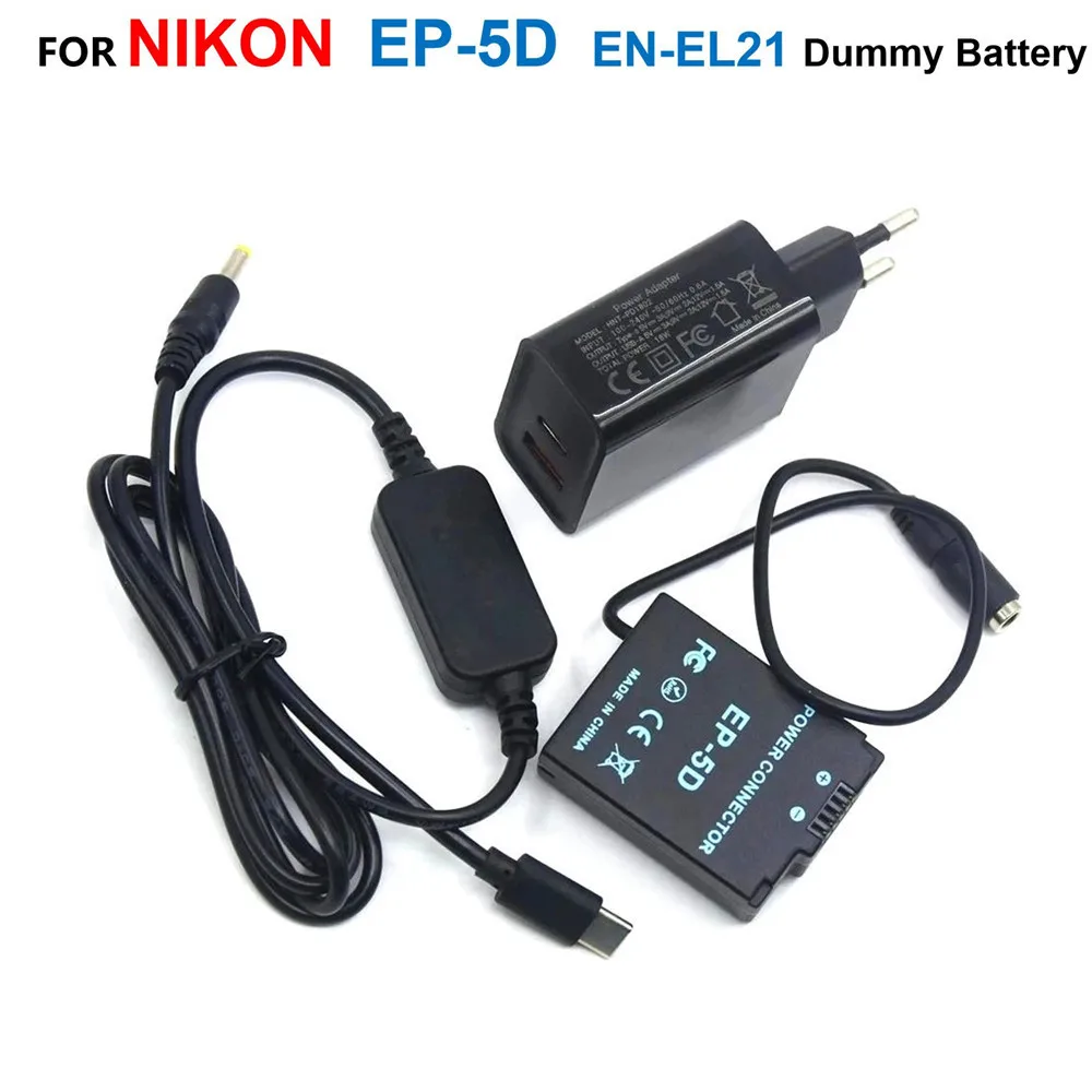 

USB Type-C Power Bank Cable+EP-5D EP5D DC Coupler Adapter ENEL21 EN-EL21 Dummy Battery+PD Charger For Nikon 1 V2 1V2 Cameras