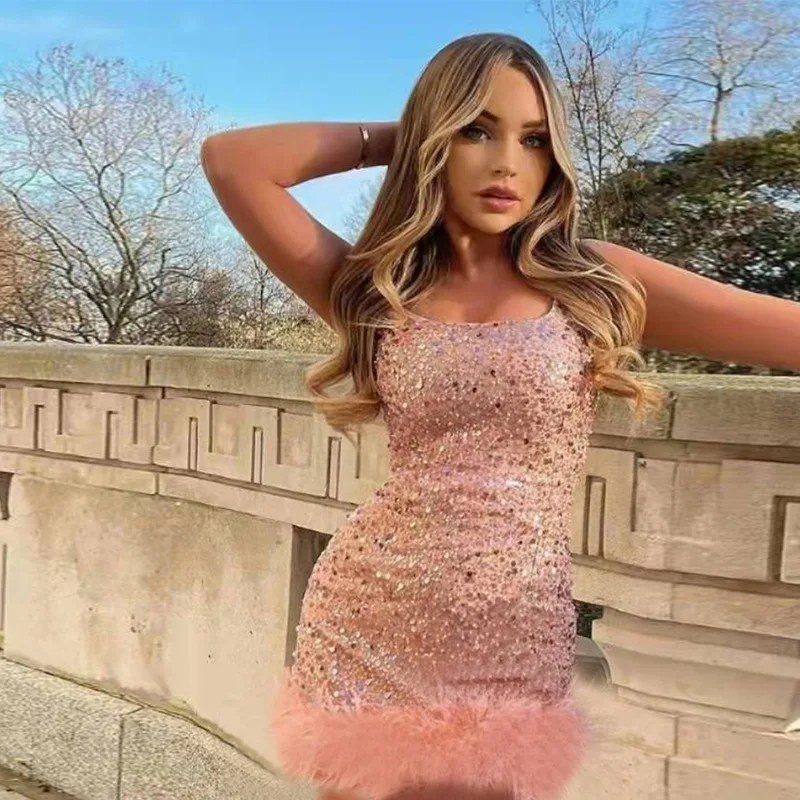 Temperament Commute Style Dresses For Women New Vest Feather Splicing Seuin Hip Wrap Sexy U-neck Dress Female Party Shiny Dress
Temperament Commute Style Dresses For Women New Vest Feather Splicing Seuin Hip Wrap Sexy U-neck Dress Female Party Shiny Dress