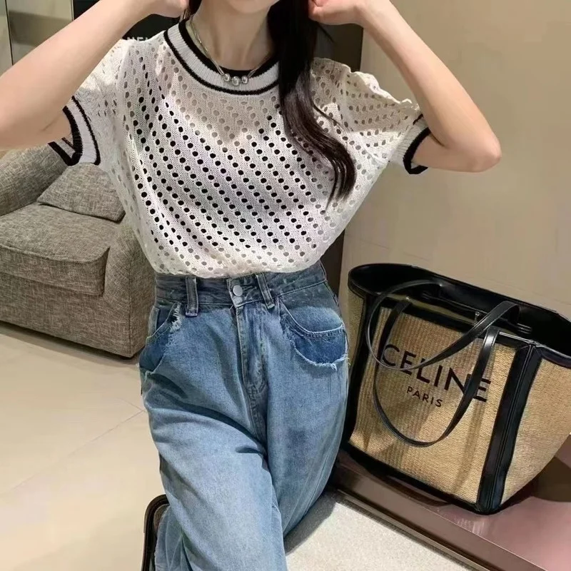 Spring and Summer New Fashion Ice Silk Knitted Hollowed-out Short Round Neck Short-sleeved T-shirt Top Thin Women's Casual 
Spring and Summer New Fashion Ice Silk Knitted Hollowed-out Short Round Neck Short-sleeved T-shirt Top Thin Women's Casual