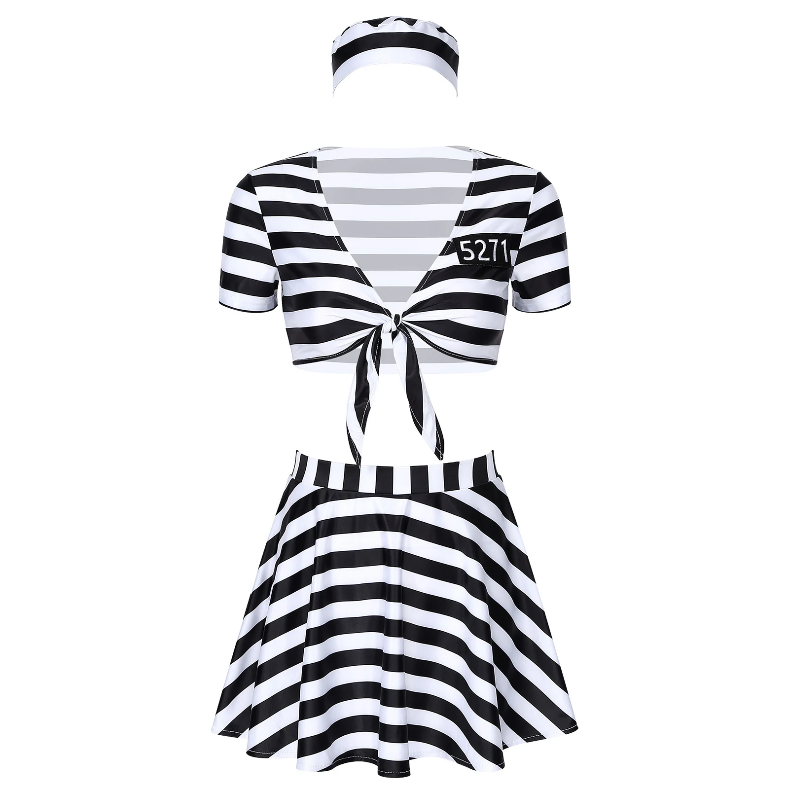 Womens Striped Prisoner Uniform Carnival Cosplay Costume Lace-up Short Sleeve Crop Top Skirt Hat for Halloween Prison Masquerade
Womens Striped Prisoner Uniform Carnival Cosplay Costume Lace-up Short Sleeve Crop Top Skirt Hat for Halloween Prison Masquerade