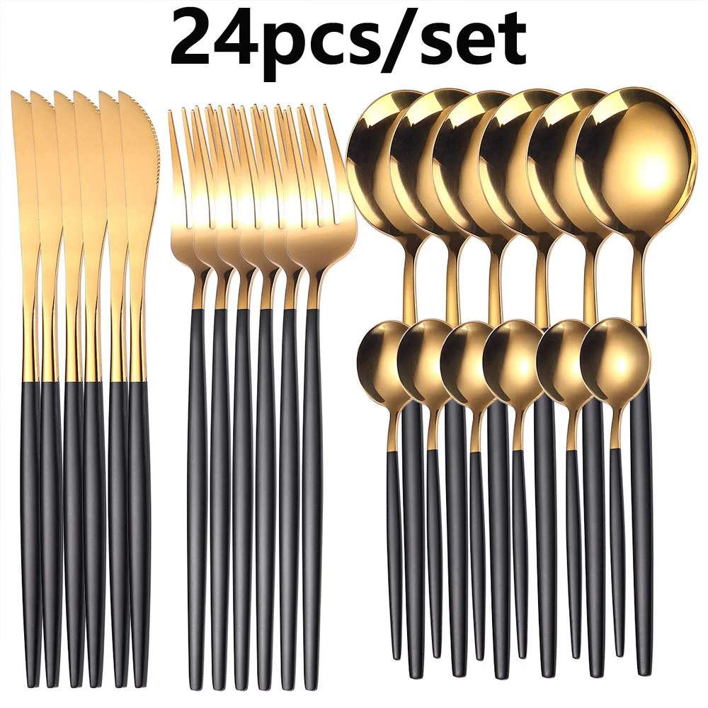 24pcs Black Gold Western Dinnerware Set Stainless Steel Cutlery Set Fork Knife Spoon Dinner Kitchen Tableware Flatware Set
24pcs Black Gold Western Dinnerware Set Stainless Steel Cutlery Set Fork Knife Spoon Dinner Kitchen Tableware Flatware Set