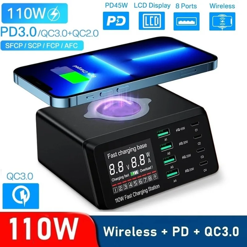 110W 8Port Quick Charge USB Charger Wireless Charger USB C PD Fast Charger for iPhone 13 14 Pro Samsung S21 MacBook Air Xiaomi
110W 8Port Quick Charge USB Charger Wireless Charger USB C PD Fast Charger for iPhone 13 14 Pro Samsung S21 MacBook Air Xiaomi
