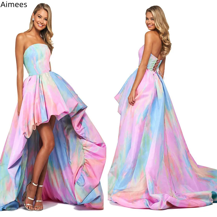 Tie Dye Printing Fashion Prom Party Dress Strapless Neck Lace-up Back Ruffles Short Front Low Back Elegant Women Dresses
Tie Dye Printing Fashion Prom Party Dress Strapless Neck Lace-up Back Ruffles Short Front Low Back Elegant Women Dresses