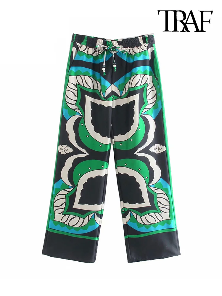 Брюки TRAF женские с боковыми карманами, Модные Винтажные Широкие штаны с принтом, с завышенной эластичной талией, на шнурке, до щиколотки 
Брюки TRAF женские с боковыми карманами, Модные Винтажные Широкие штаны с принтом, с завышенной эластичной талией, на шнурке, до щиколотки