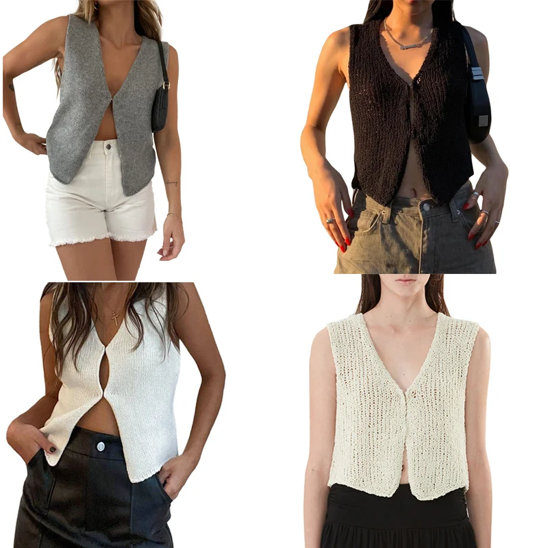 Женский трикотажный жилет без рукавов, повседневный однотонный вечерний топ с V-образным вырезом, весна-лето 2022