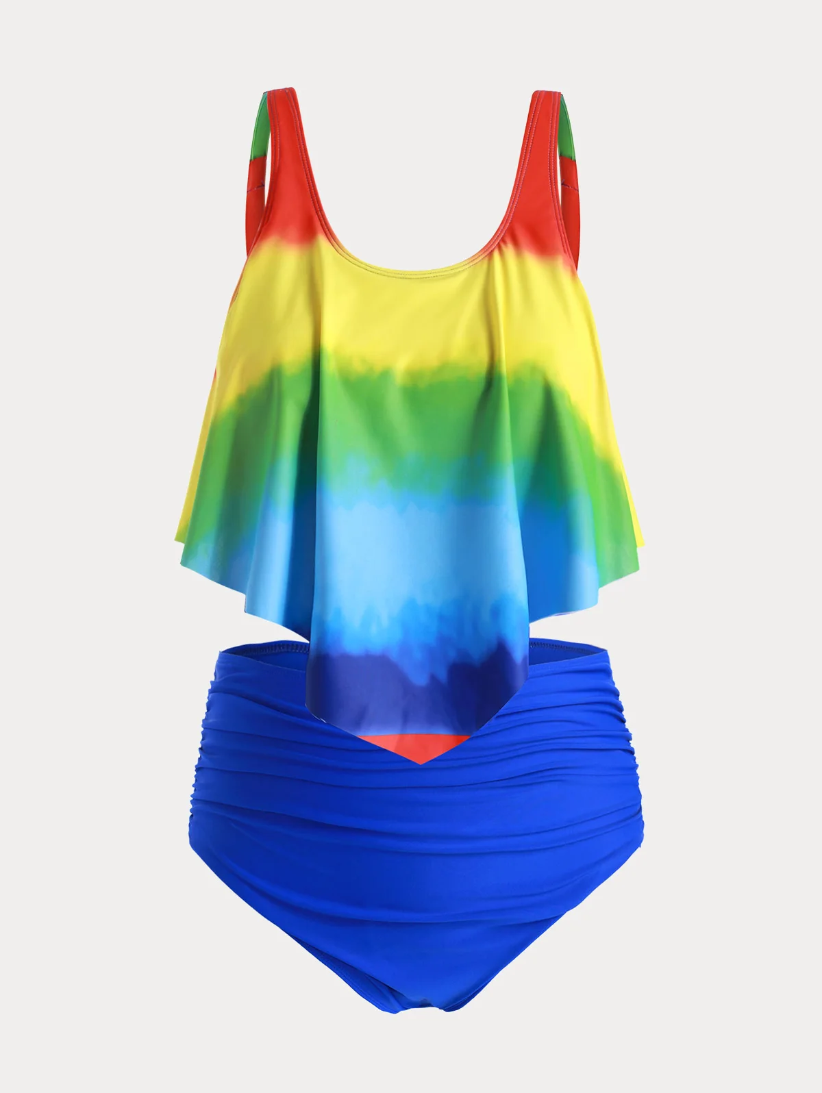 

Plus Size Ruch Overlay Padded Tankini Overlay Women Swimwear Colorblock Tummy Control Swimsuit Flounce High Rise Bikinis Set