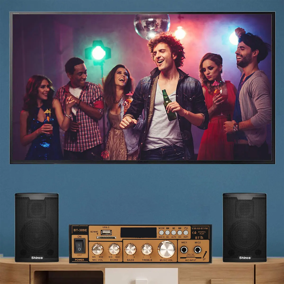 BT309E 70W 220V Home Theater Amplifier 12V bluetooth Home Power Amplifier Audio Stereo amplificador FM USB SD AUX MP3 2Mic
BT309E 70W 220V Home Theater Amplifier 12V bluetooth Home Power Amplifier Audio Stereo amplificador FM USB SD AUX MP3 2Mic