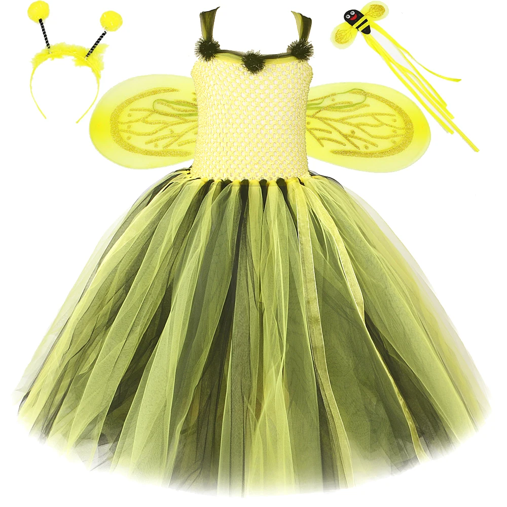 

New Yellow Honeybee Long Tutu Dress for Girls bee Halloween Costumes for Kids Girl Fairy Dresses with Bee Wings Birthday Outfits
