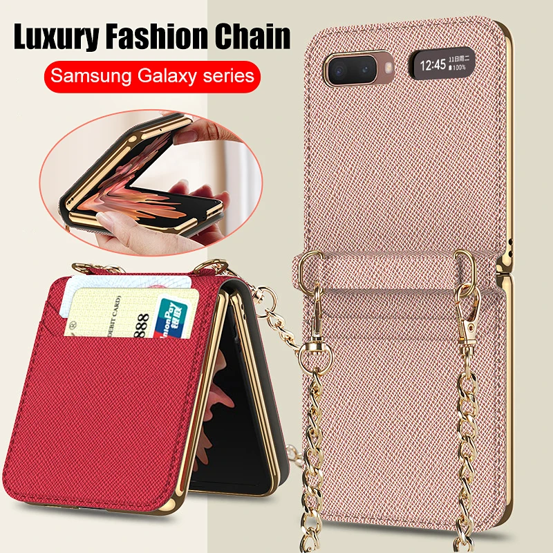 

Magnetic Mirror Case for Samsung Galaxy Z Flip 5G Cover Makeups Bag Phone Case with Chain Strap Card Slot Shockproof Shell Case