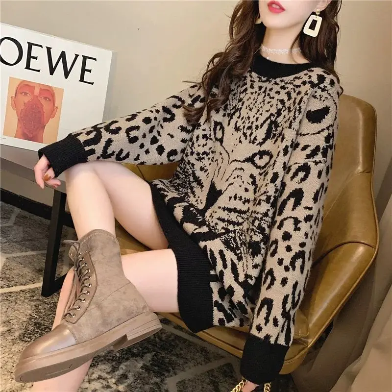 

Cool Girl Personality Leopard Print Loose Women's Clothing Thick Round Neck Dropped Shoulder Long Sleeve Pullovers Medium Length
