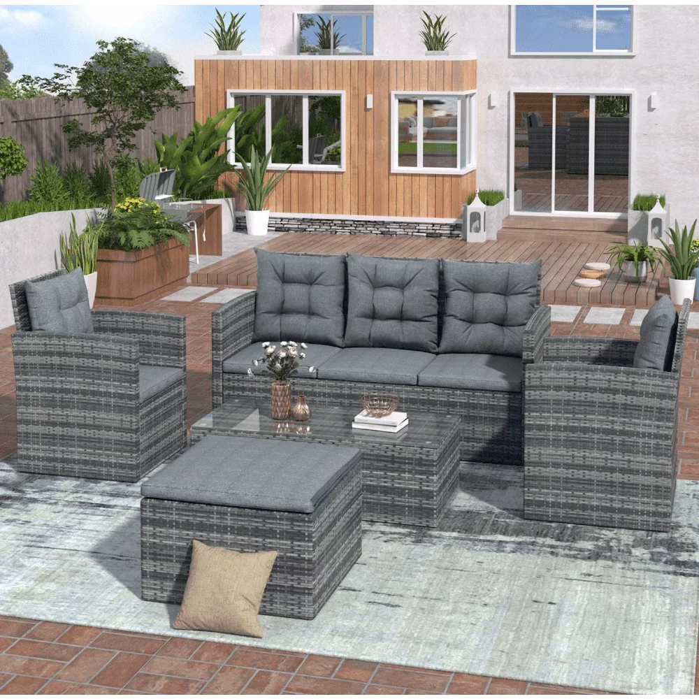Euroco 5-piece Outdoor Sofa Set with Storage Bench, PE Wicker Conversation Set with Glass Table, Gray
Euroco 5-piece Outdoor Sofa Set with Storage Bench, PE Wicker Conversation Set with Glass Table, Gray