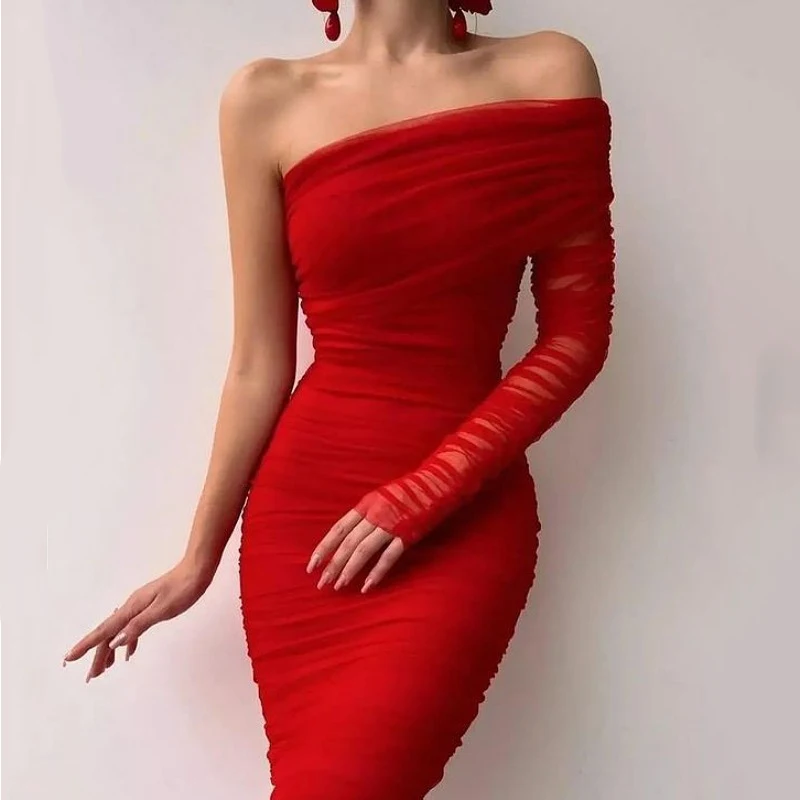 Sexy Women Diagonal Collar Wrap Hip Dress Ladies One Shoulder Mesh Sleeve Bodycon Dresses Solid Party Dress Clubwear Robe Femme
Sexy Women Diagonal Collar Wrap Hip Dress Ladies One Shoulder Mesh Sleeve Bodycon Dresses Solid Party Dress Clubwear Robe Femme