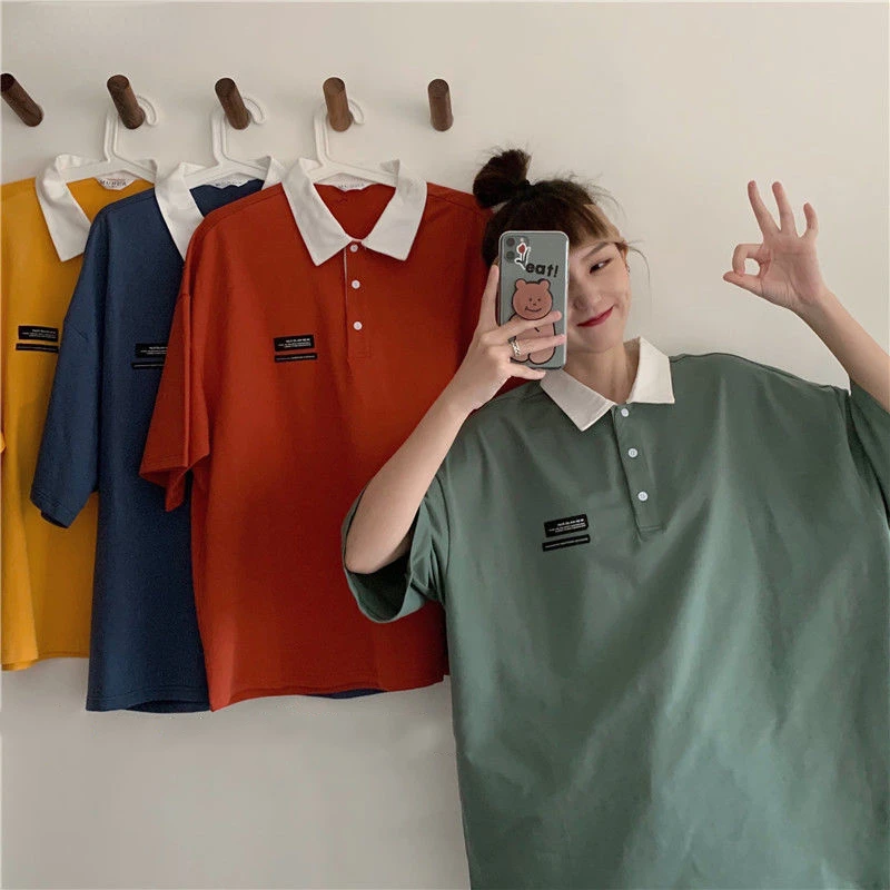 Short Sleeve T-shirts Womens Harajuku Turn-down Collar Couple Loose Korean Style Streetwear Daily Basic Tees Femme Tops Hot Sale
Short Sleeve T-shirts Womens Harajuku Turn-down Collar Couple Loose Korean Style Streetwear Daily Basic Tees Femme Tops Hot Sale