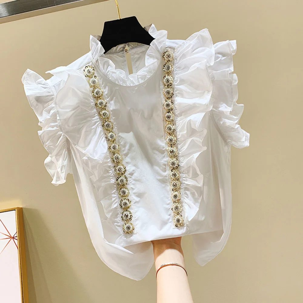 Summer Flying Sleeve White Shirt Sweet Lotus Leaf Women's Clothing Pearl Ruffle Collar Chiffon Blouse Tops Fashion Roupas Femme
Summer Flying Sleeve White Shirt Sweet Lotus Leaf Women's Clothing Pearl Ruffle Collar Chiffon Blouse Tops Fashion Roupas Femme