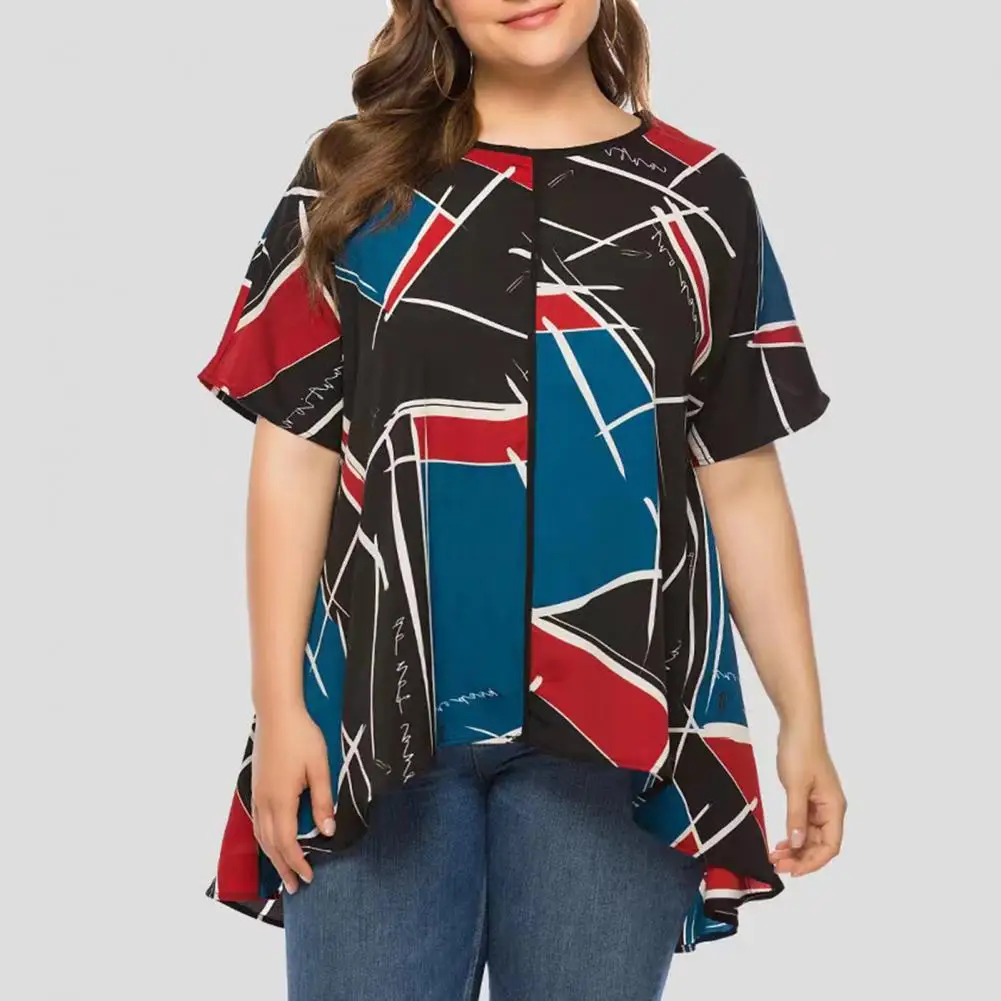 Women Top Geometric Print O Neck Short Sleeve T-shirt Loose Irregular Hem Summer Top Soft Breathable Lady T-shirt
Women Top Geometric Print O Neck Short Sleeve T-shirt Loose Irregular Hem Summer Top Soft Breathable Lady T-shirt