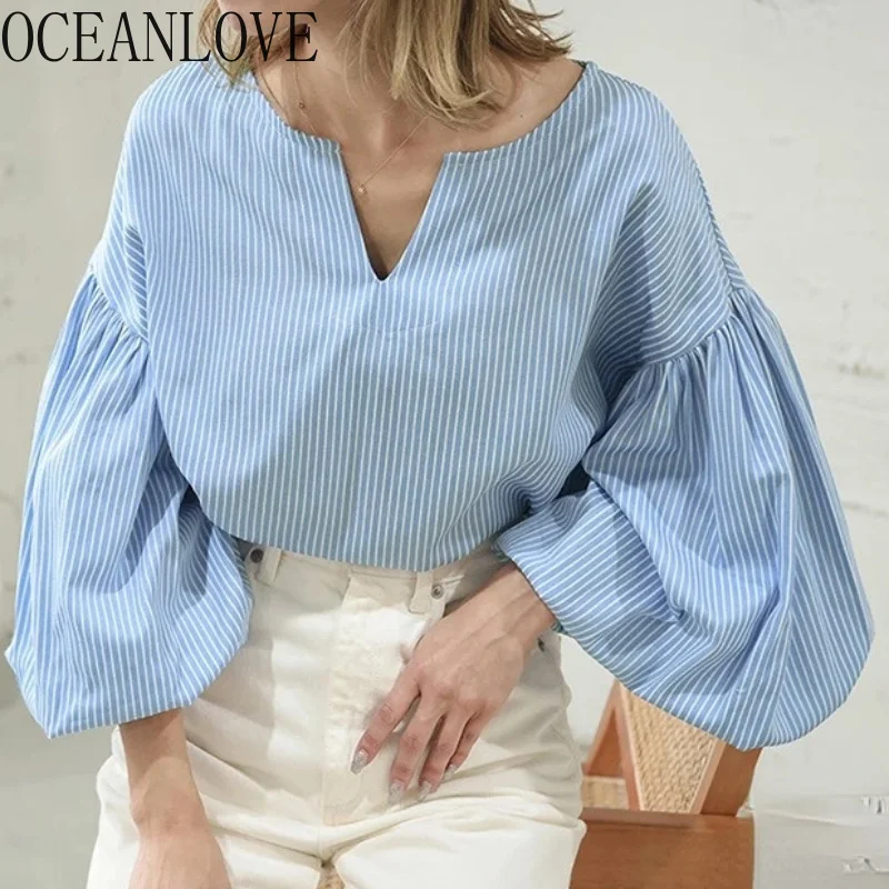 Pu Sleeve Women Blouses Striped Japan Style V Neck Oice Lady Shirt Spring Summer Work ashion Retro Blusas Mujer
Pu Sleeve Women Blouses Striped Japan Style V Neck Oice Lady Shirt Spring Summer Work ashion Retro Blusas Mujer