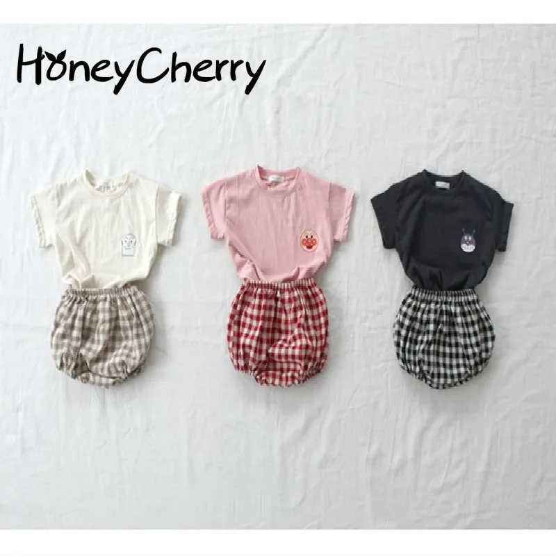 

HoneyCherry Summer Girl Set Baby Short Sleeve Shorts Cute Simple Cartoon Thin Cotton Plaid Pants Set Toddler Girl Clothes