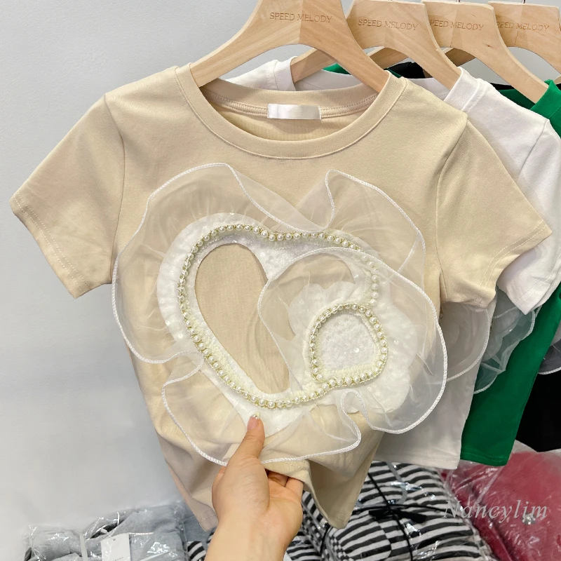 2022 Summer T-Shirts for Women New Sweet Beads Heart-Shaped Short Tshirt Stitching Mesh Crop Top Ladies Tees
2022 Summer T-Shirts for Women New Sweet Beads Heart-Shaped Short Tshirt Stitching Mesh Crop Top Ladies Tees