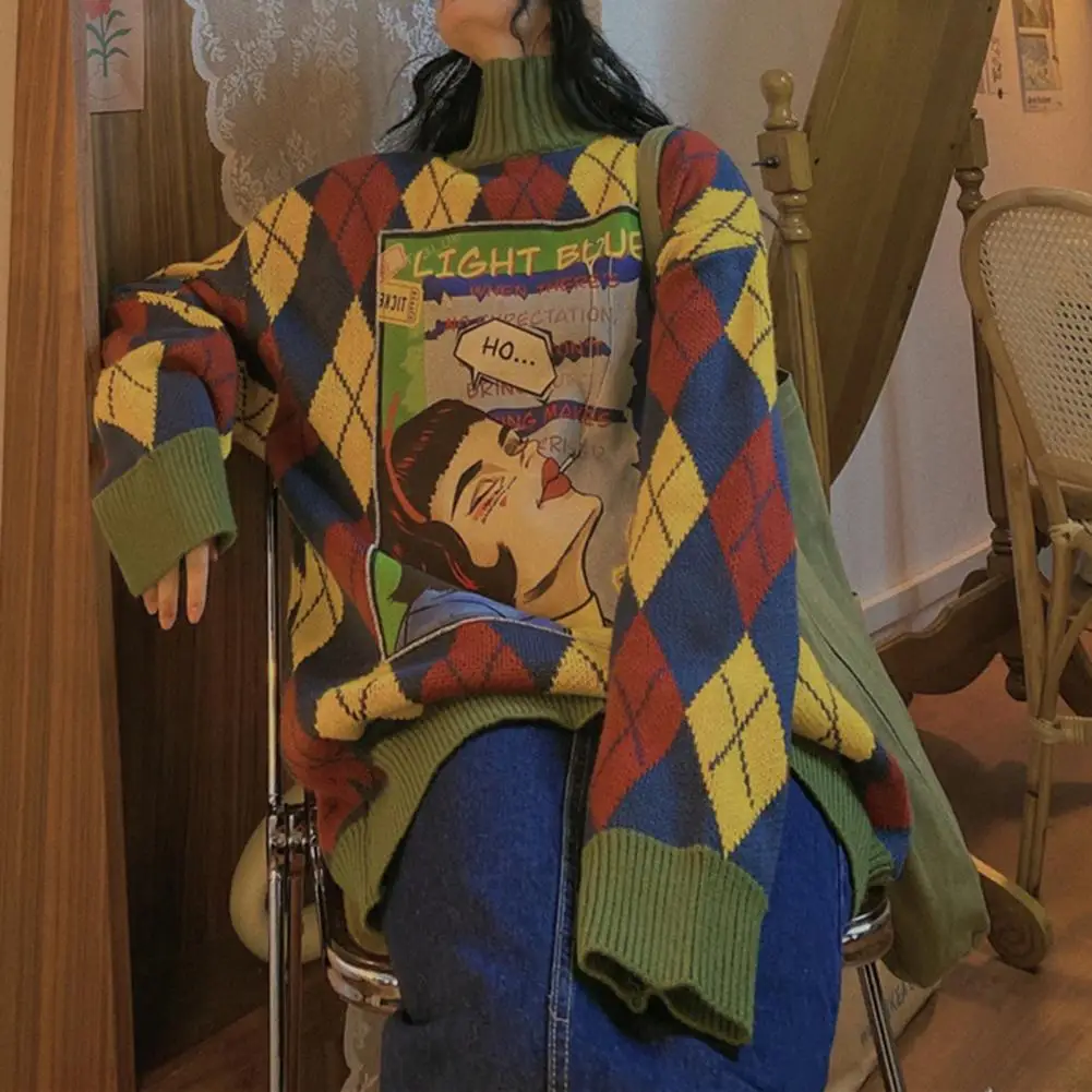 Вязаный свитер средней длины, с длинным рукавом и ромбовидным узором 
Вязаный свитер средней длины, с длинным рукавом и ромбовидным узором