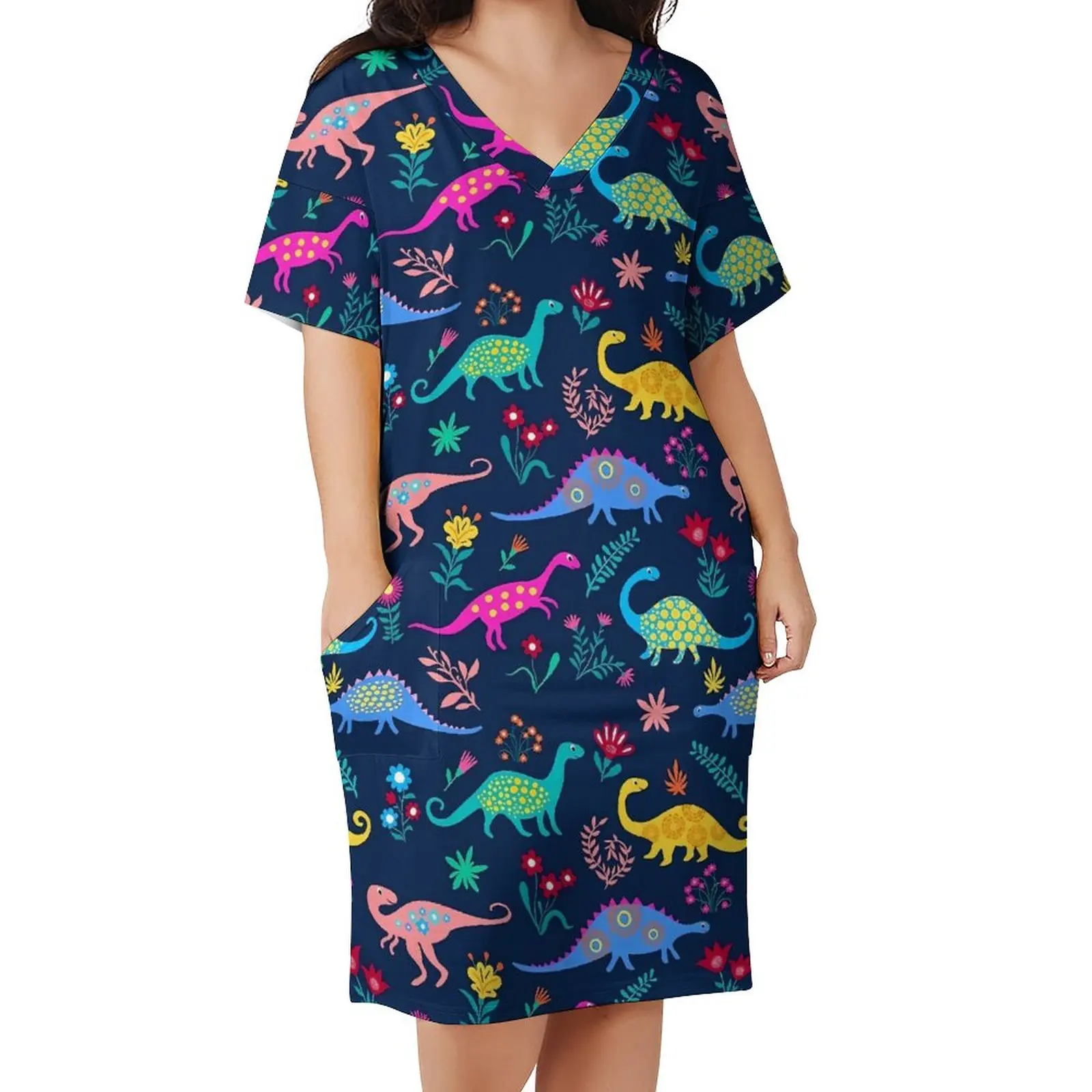 

Женское летнее платье с V-образным вырезом и принтом в виде динозавров