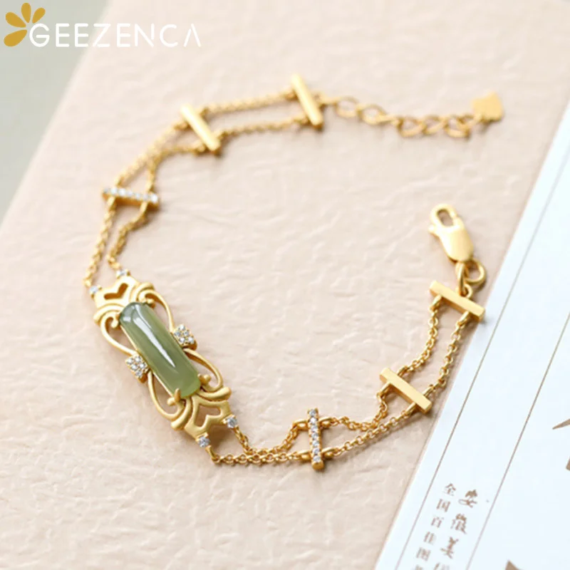 925 Sterling Silver Hetian Jade Jasper Agate Gold-plated Bracelets Double Chain Zircon Fine Jewelry Women Trendy Bangle Gift
925 Sterling Silver Hetian Jade Jasper Agate Gold-plated Bracelets Double Chain Zircon Fine Jewelry Women Trendy Bangle Gift