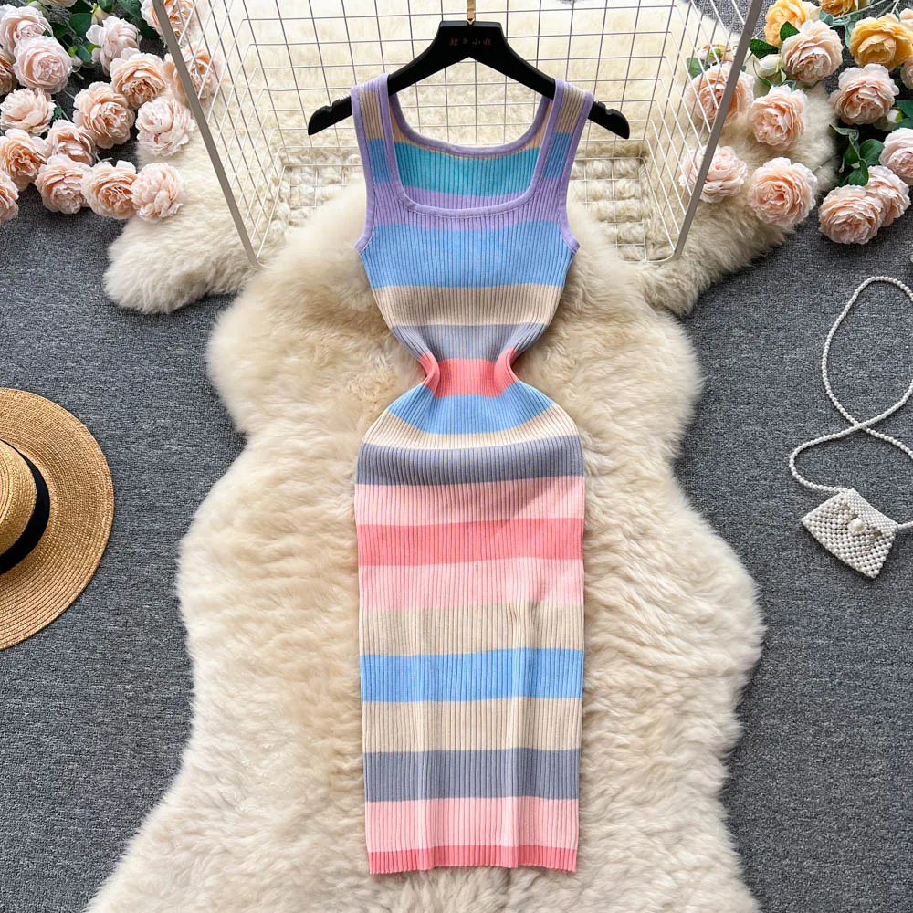 Summer Square Collar Knitted Stripe Contrasting Colors Camis Dress Girls Elegant Bodycon Slim Long Dresses For Women
Summer Square Collar Knitted Stripe Contrasting Colors Camis Dress Girls Elegant Bodycon Slim Long Dresses For Women