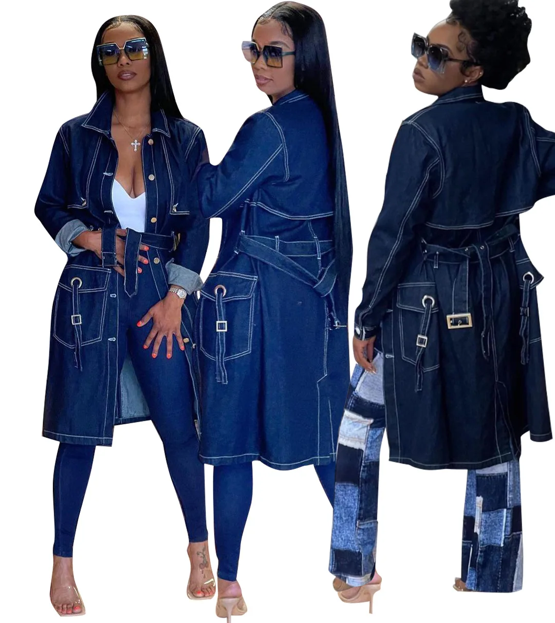 Women's New Long Sleeved Denim Trench Coat Cardigan Denim Cape 
Women's New Long Sleeved Denim Trench Coat Cardigan Denim Cape