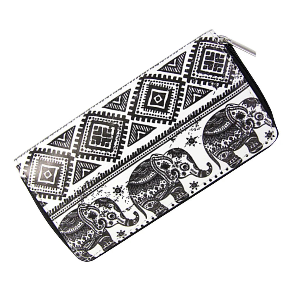 

Women's Ethnic Style Cartoon Animal PU Zip Around Wallet Clutch Large Travel Purse (Black Elephant)