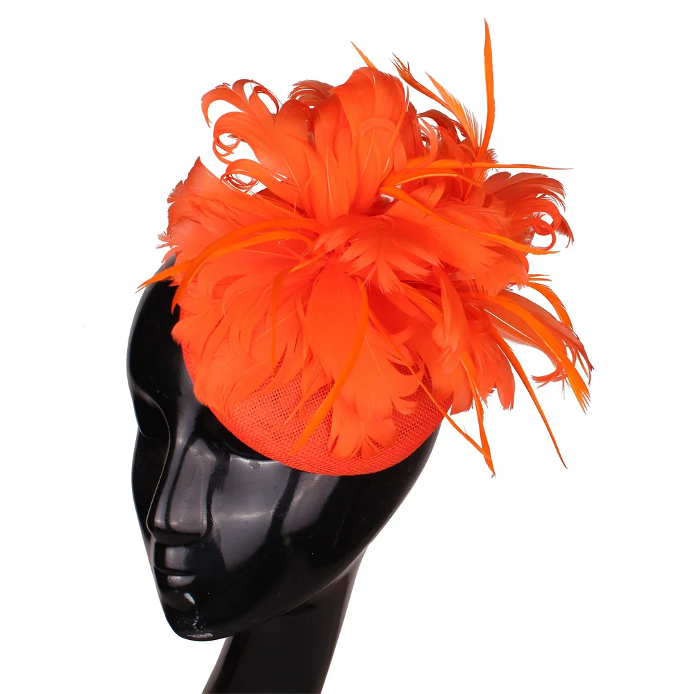 

Orange Fascinator Hats Headbands Feather Flower Adorn Headpiece Lady Imitation Linen Elegant Women Millinery Hair Accessories