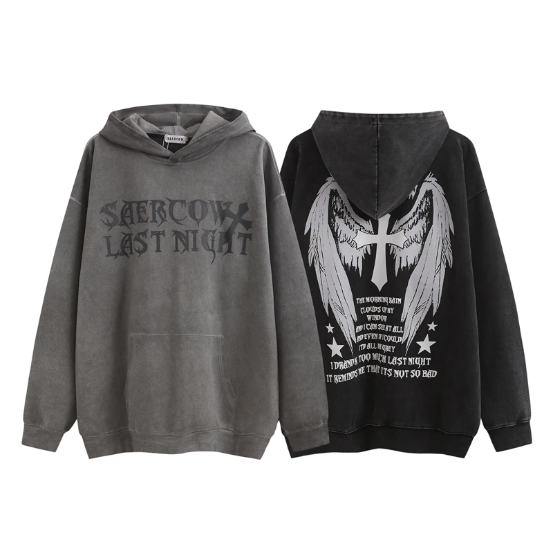 2023 Men Streetwear Saercow Hooded Jacket Hip Hop Classic Cross Wings Print Graphic Hoodie Vintage Wash Sweatshirts Pullover
2023 Men Streetwear Saercow Hooded Jacket Hip Hop Classic Cross Wings Print Graphic Hoodie Vintage Wash Sweatshirts Pullover