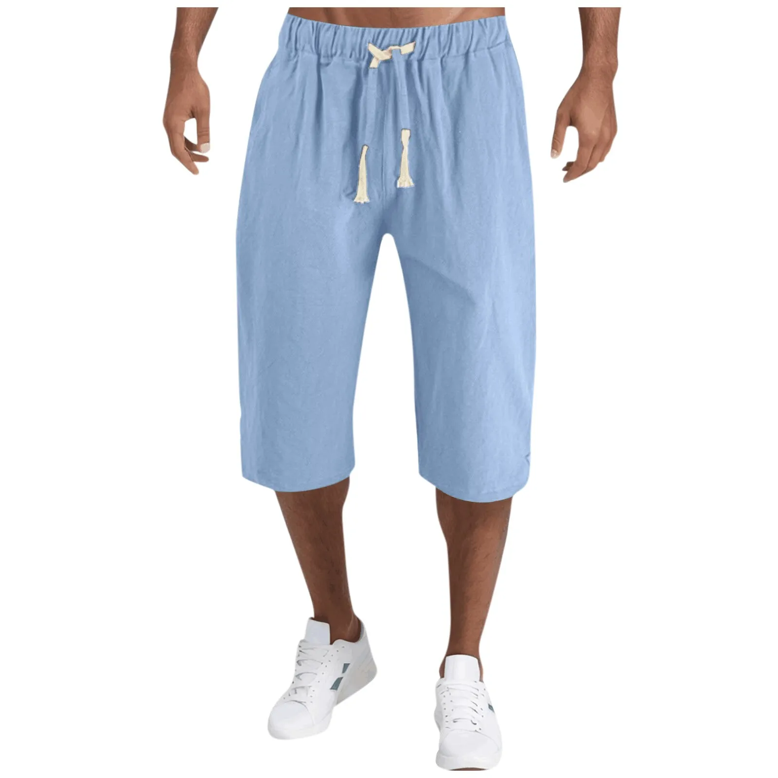 

Mens Shorts Beach Cotton Linen Capri Harem Pants male Cargo Trouser Casual Elastic Waist Linen Baggy Drawstring Pocket Loose