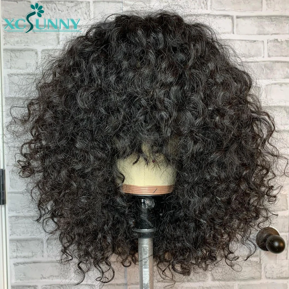 

Short Curly Human Hair Wigs With Bangs 18inch Scalp Top Machine Made Bang Wig Glueless Easy Install Beginner Friendly For Women