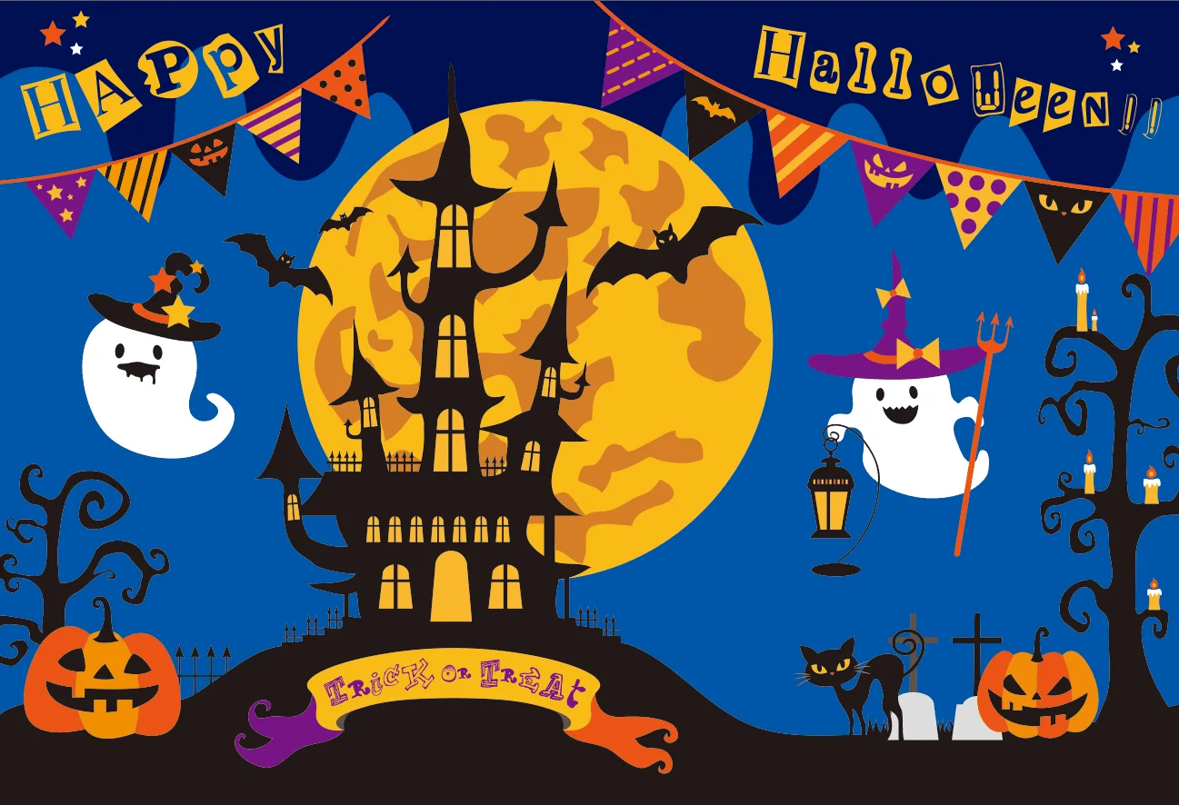 

7x5FT Spooky Halloween Night Moon Ghost Mansion Moon Bats Birthday Custom Photo Studio Backdrop Background Vinyl 220cm x 150cm