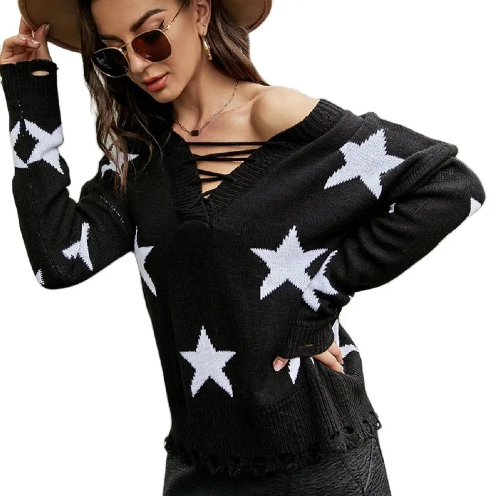 2021 New European And American Lace-Up Sexy V-Neck Sweater Five-Star Jacquard Loose Pullover Sweater
2021 New European And American Lace-Up Sexy V-Neck Sweater Five-Star Jacquard Loose Pullover Sweater