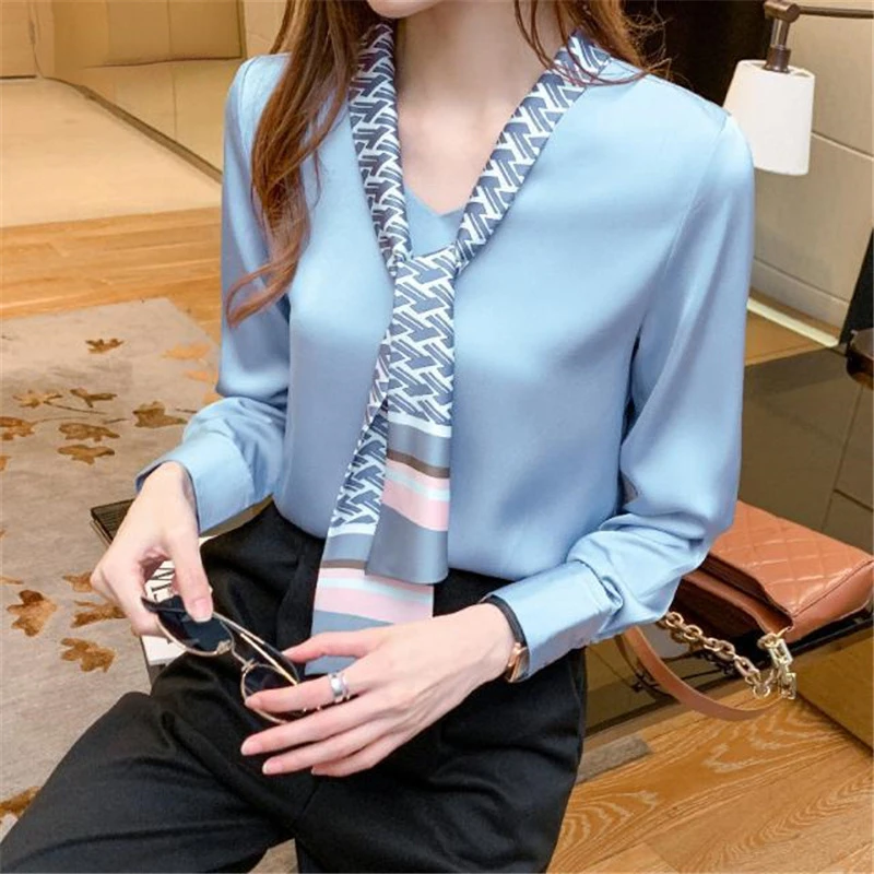 

Женская шифоновая блузка с длинным рукавом, голубая Элегантная блузка с принтом и бантом на воротнике в Корейском стиле, весна-лето 2023