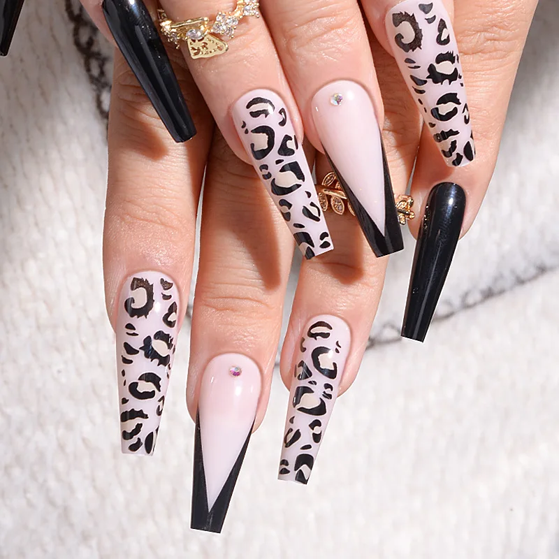 

Fashion French Trapezoid Long Leopard Print False Nails Full Coverage Models Can be Repeatedly Removed Female Nail Art