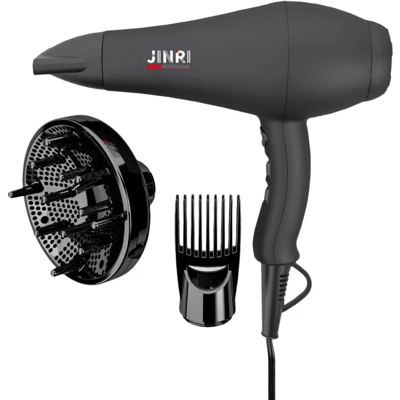 

Ионный фен для волос JINRI, профессиональный салонный фен с рассеивателем и концентратором, для кудрявых волос, черный