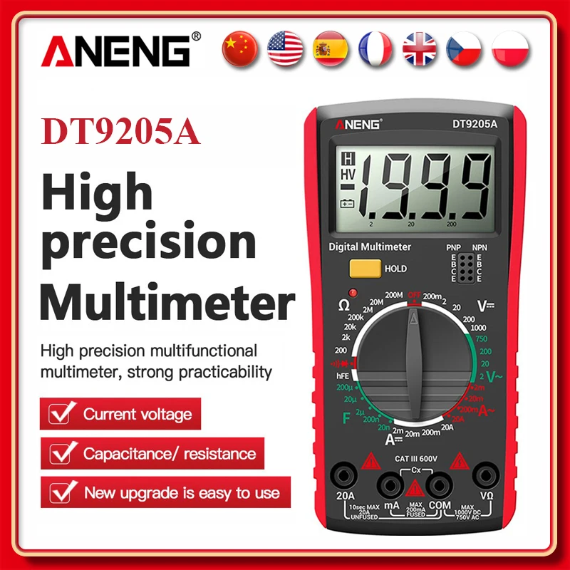 ANENG DT9205A Digital True RMS Professional Multimeter AC/DC Current Tester hFE Ohm Capacitor Voltage Meter Detector Tool
ANENG DT9205A Digital True RMS Professional Multimeter AC/DC Current Tester hFE Ohm Capacitor Voltage Meter Detector Tool