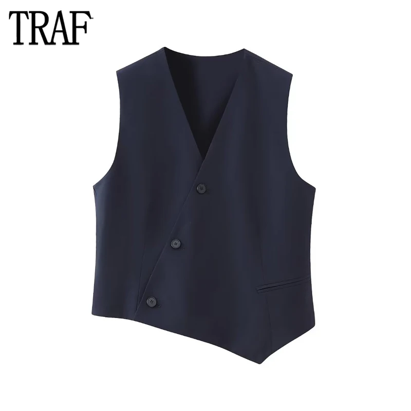 

TRAF 2023 Asymmetric Vests for Women Blue Sleeveless Jacket Women Waistcoat Autumn Cropped Vest Woman Basic Button Women's Vest