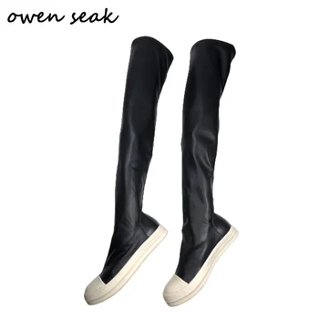 Owen Seak Women Thigh Over Knee High Boots Luxury Stretch Winter Casual PU Leather Snow Spring Flats Black Long Designer Shoes
