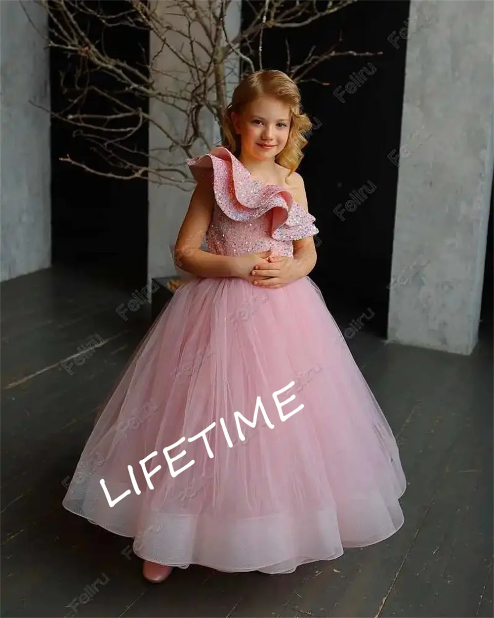Платья для девочек с цветочным рисунком пыльно-розовое Тюлевое Пышное Платье с длинным рукавом и бантом для свадьбы, дня рождения, платья для первого причастия