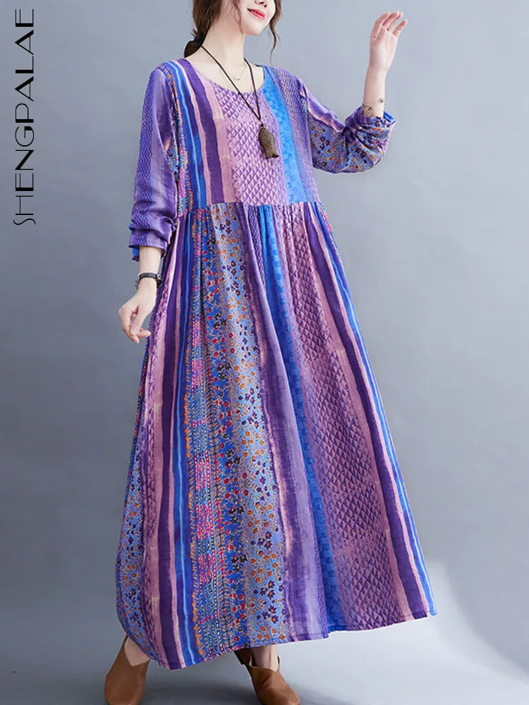 

SHENGPAIAE свободное фиолетовое Полосатое контрастное платье с круглым вырезом и рукавами три четверти, платье для женщин, осень 2022, модная нови...