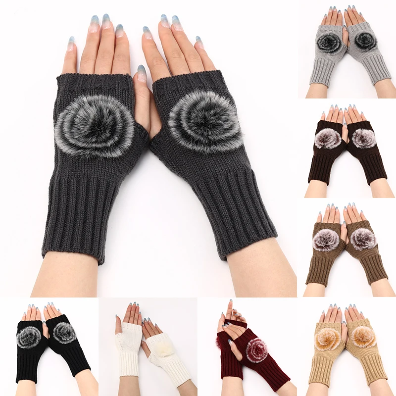 

New Winter Women Gloves Punk style Hand Warmer knitted Mittens Pompon Decor Arm Sleeve Crochet Gothic Fingerless Gloves