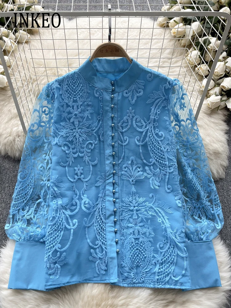 

Vintage Women Lace embroidery Blouse Long sleeve shirt 2024 Spring summer Sexy Lady Pearl buttons Tops Elegant Chic INKEO 3T184