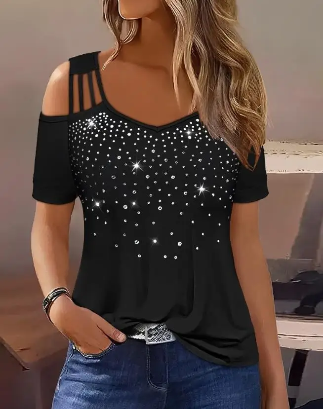 Top Women 2023 Summer Fashion Rhinestone Cold Shoulder Short Sleeve Casual Plain Daily T-Shirt Top Y2K Clothes
Top Women 2023 Summer Fashion Rhinestone Cold Shoulder Short Sleeve Casual Plain Daily T-Shirt Top Y2K Clothes