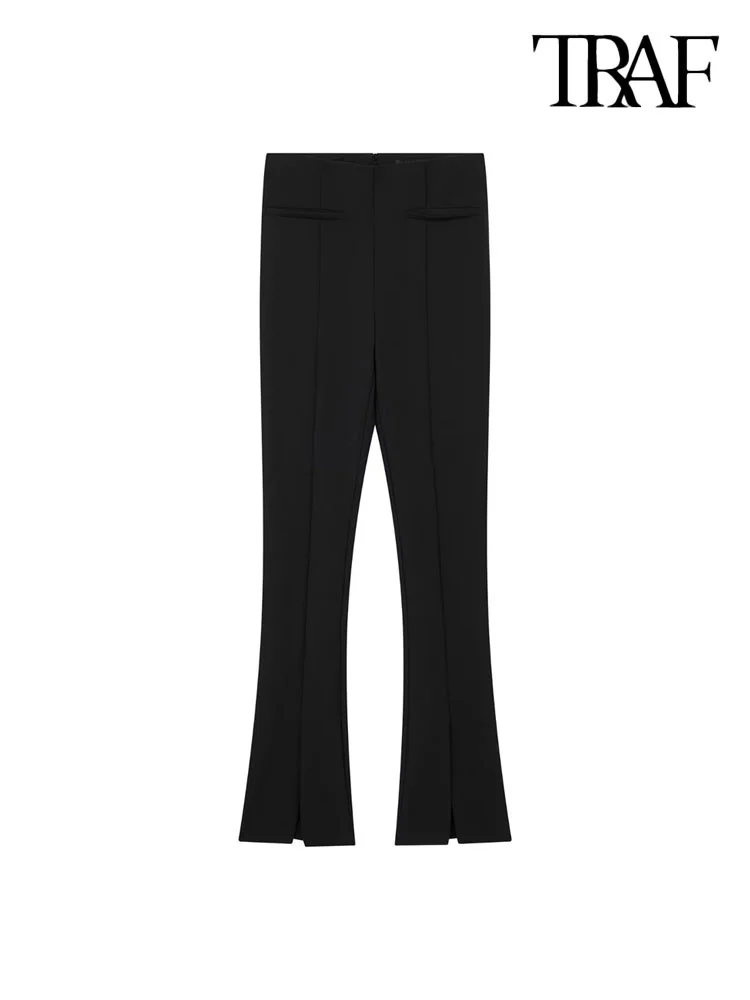 

Женские брюки-клеш с разрезом, высокой талией и молнией сзади