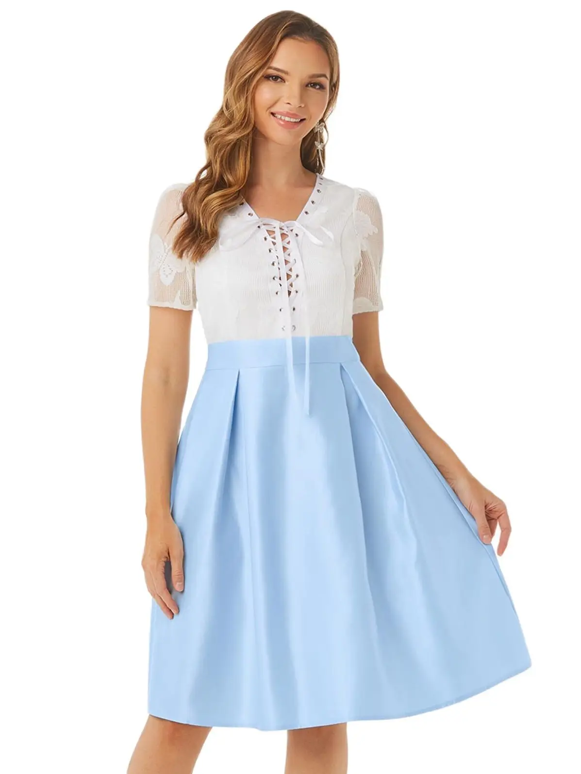 

Dressfo Colorblock Silky Elegant Dress Light Blue Lace Up Knee Length Cute Casual Dress Summer Lace Overlay Party Dress Women