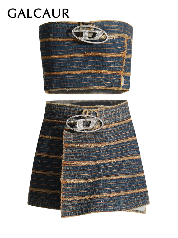 

Комплект из двух предметов GALCAUR Женский, пикантный облегающий джинсовый Топ без бретелек и без рукавов, мини-юбка с завышенной талией, в стиле пэчворк с бриллиантами