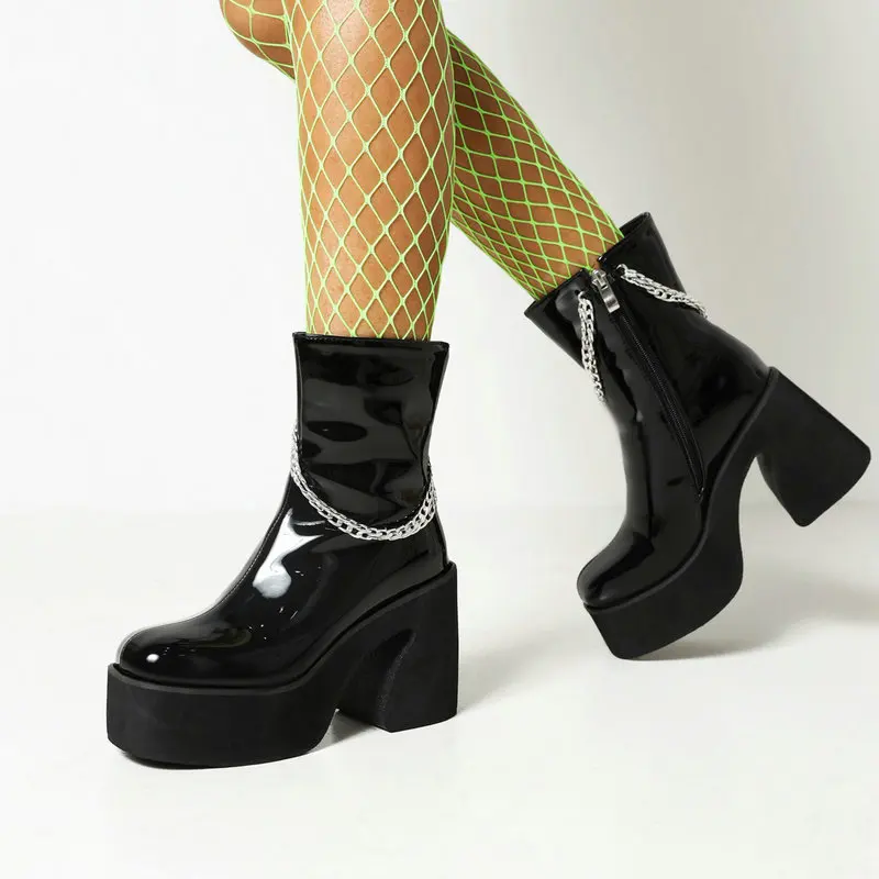 2021 Fashion Patent Pu Leather Women Boots Chain Platform Squae High Heel Anke Boots Autumn Winter Zipper Woman's Boots Shoes
2021 Fashion Patent Pu Leather Women Boots Chain Platform Squae High Heel Anke Boots Autumn Winter Zipper Woman's Boots Shoes